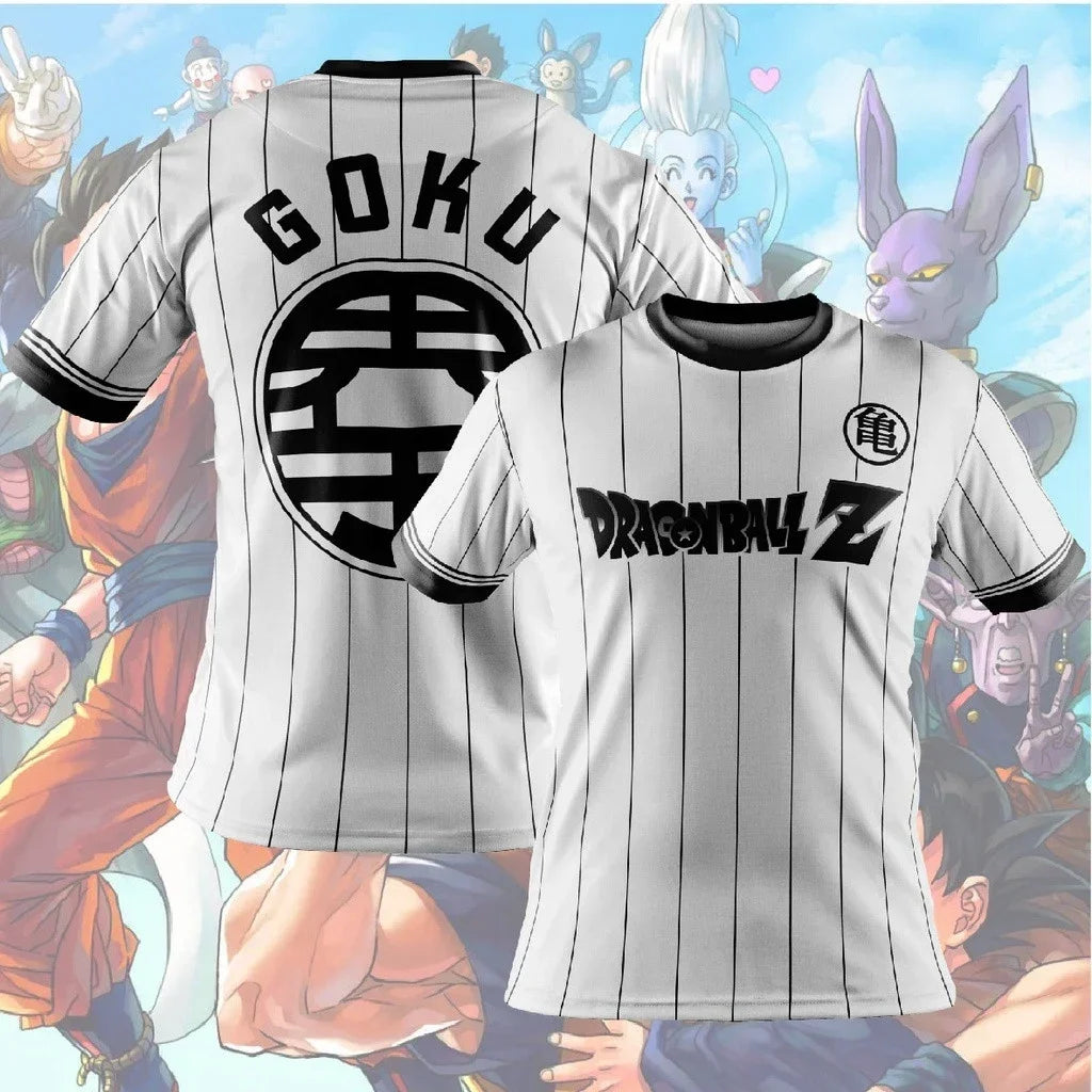 Maillot blanc à rayures Dragon Ball - Goku et emblème du roi Kaio