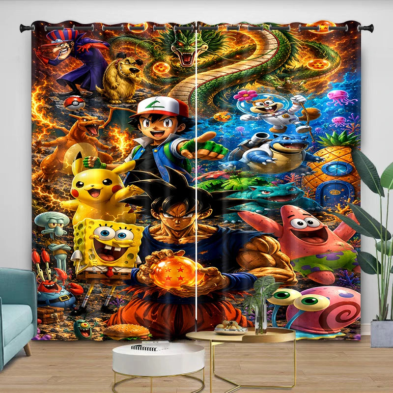 Rideaux multivers Dragon Ball - Goku Pikachu et Bob l'éponge