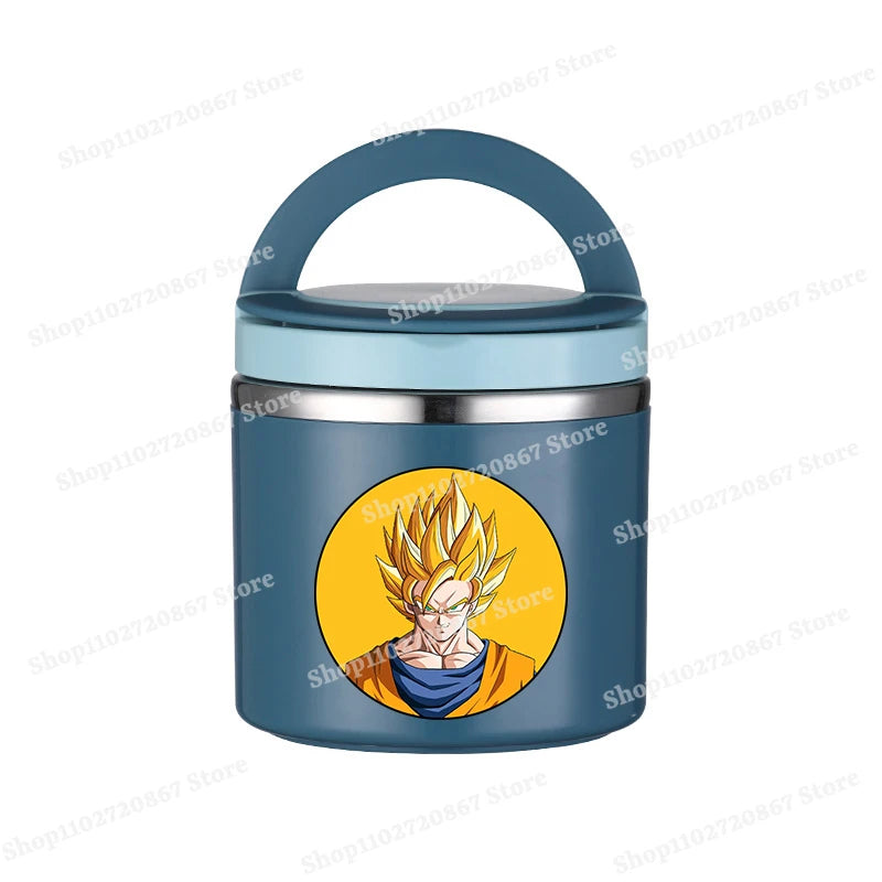 Boîte repas ronde bleue Dragon Ball - portrait de Goku Super Saiyan sur fond jaune
