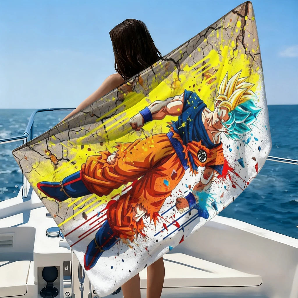 Dragon Ball White Beach Handtuch - Goku Super Saiyan und Blue in geteilter Silhouette