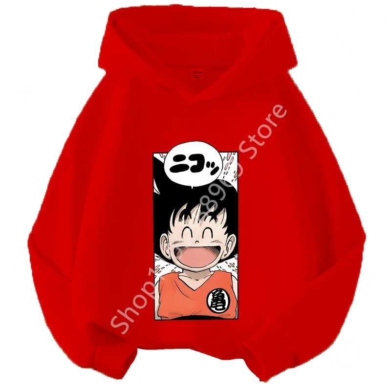 Rot Kapuzenpullover für Kinder Dragon Ball - junger Goku lächelnd im Thumbnail