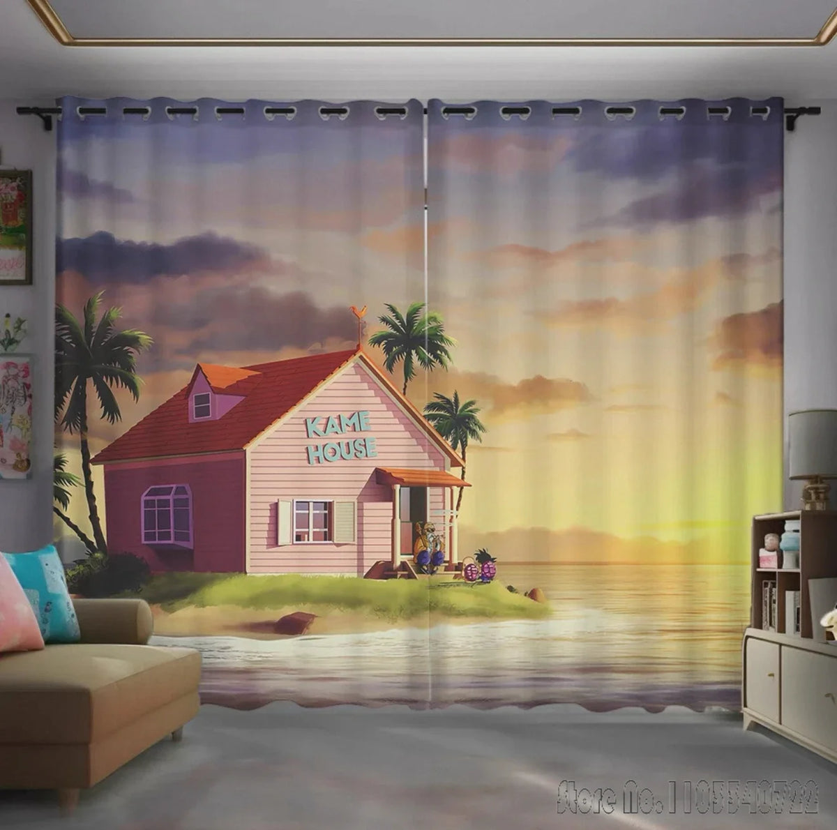 Rideaux Dragon Ball - Kame House au coucher du soleil