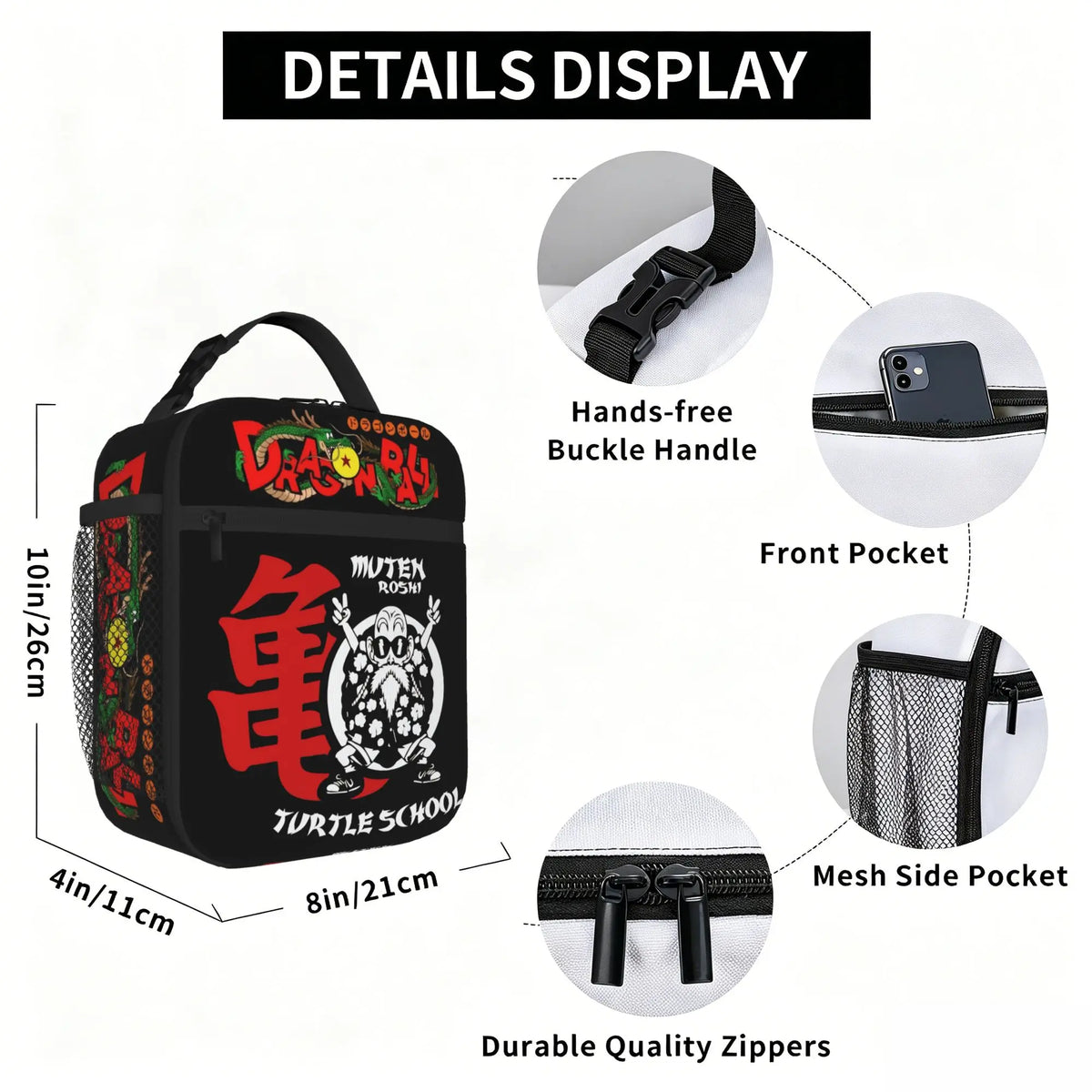 Bolsa de almuerzo negra Dragon Ball - escuela de la Tortuga y kanji Kame rojo
