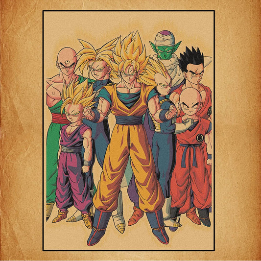 Affiche rétro Dragon Ball - Goku Super Saiyan au centre des guerriers Z