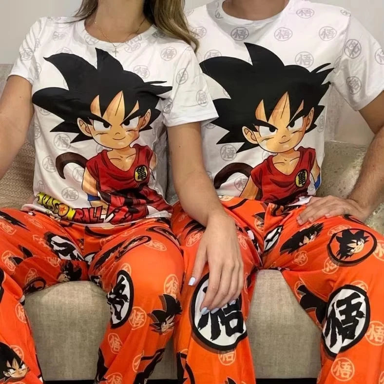 White and Orange Dragon Ball Pajamas - Goku Child with Stick and Kanjis