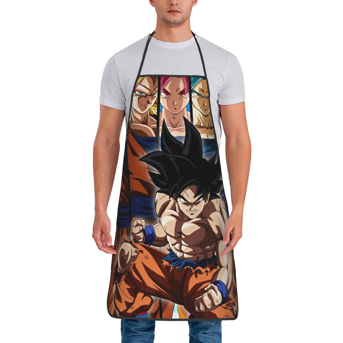 Delantal Dragon Ball - Goku Ultra Instinto delante de sus transformaciones