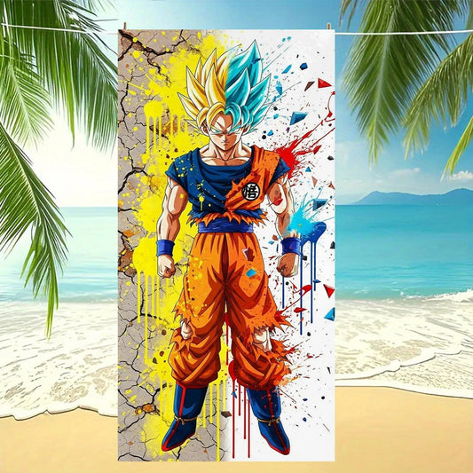 Serviette de plage blanche Dragon Ball - Goku Super Saiyan et Blue en silhouette partagée