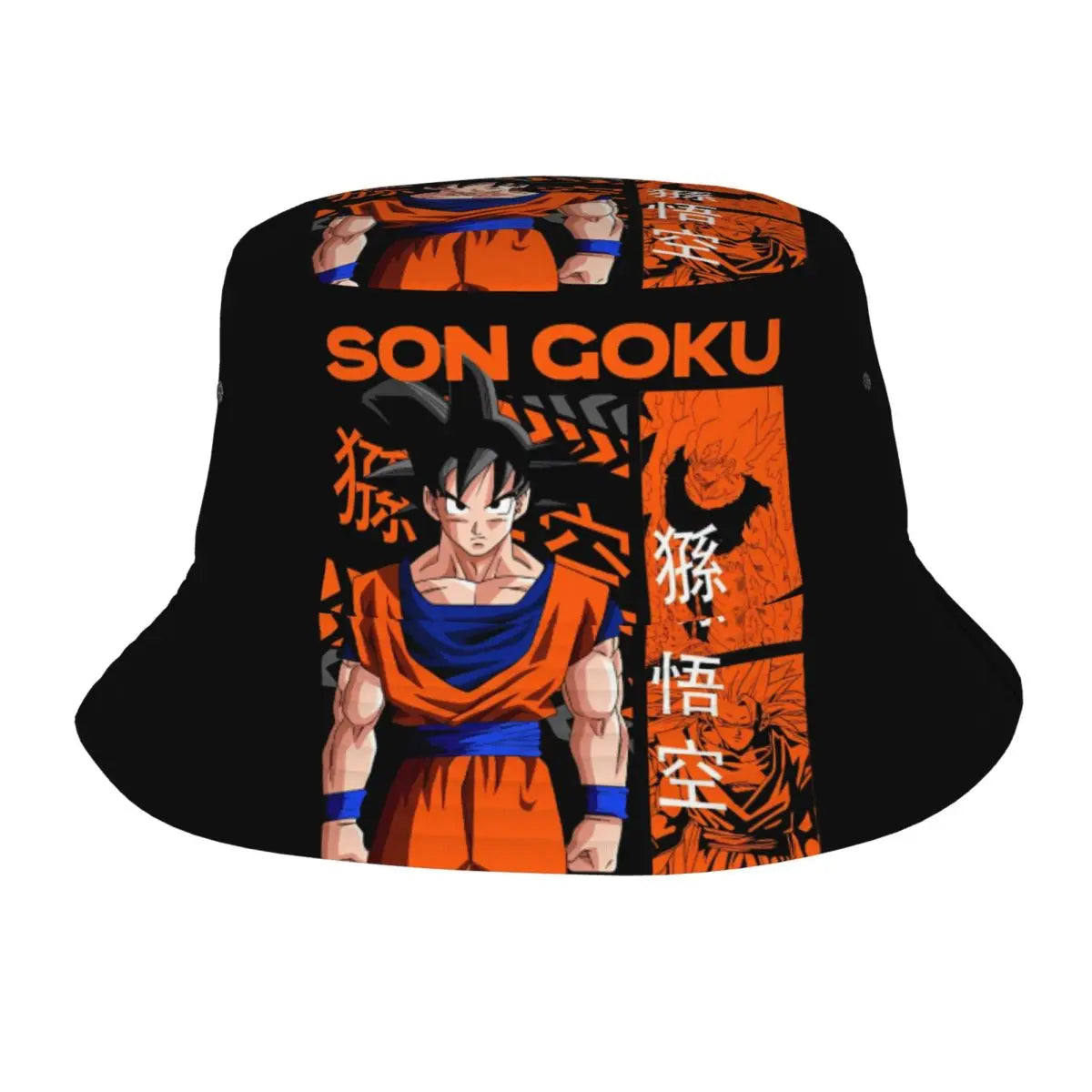Gorro de pescador negro y naranja Dragon Ball - Goku de pie e inscripciones japonesas