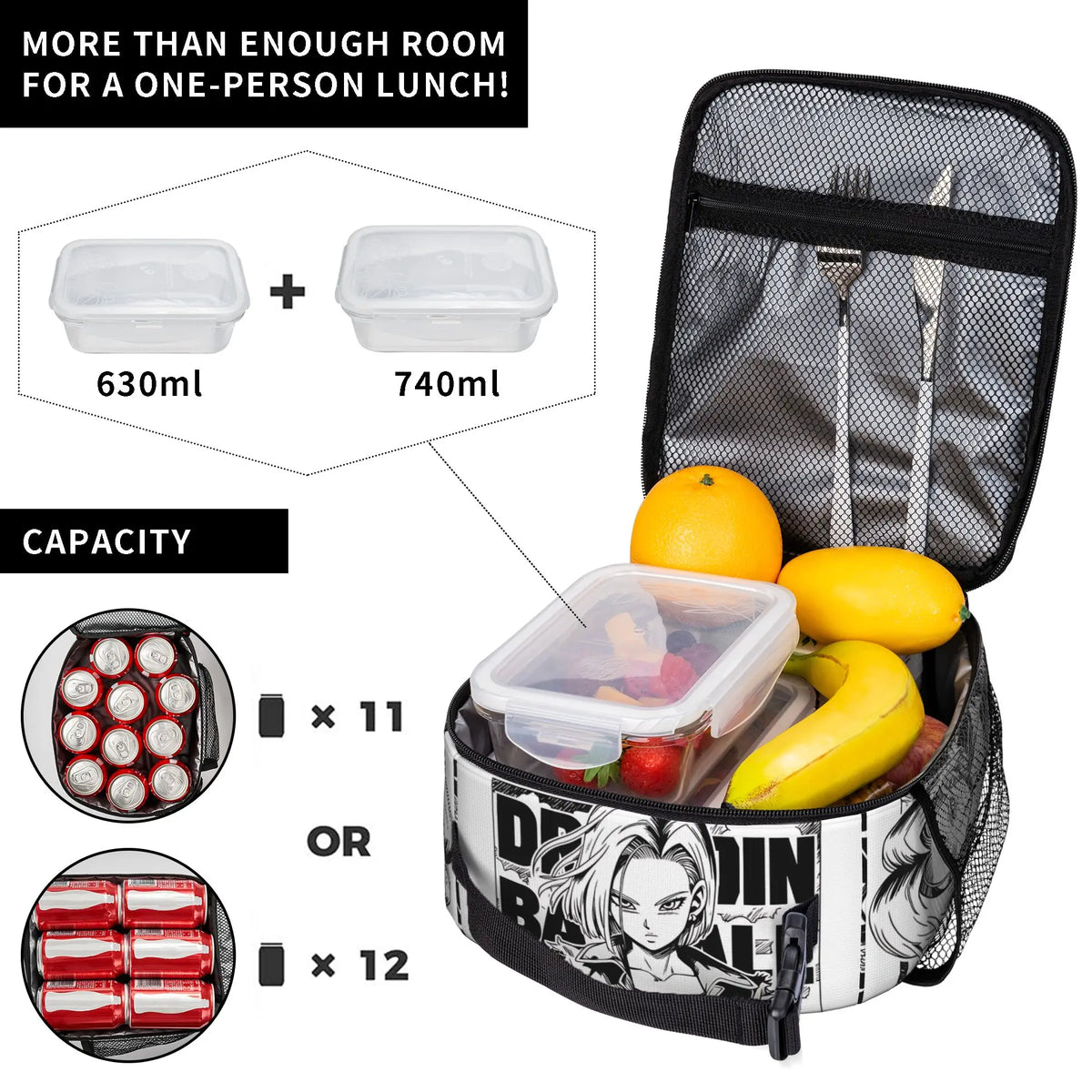 Borsa porta pranzo Dragon Ball bianca e nera - C18 in stile manga