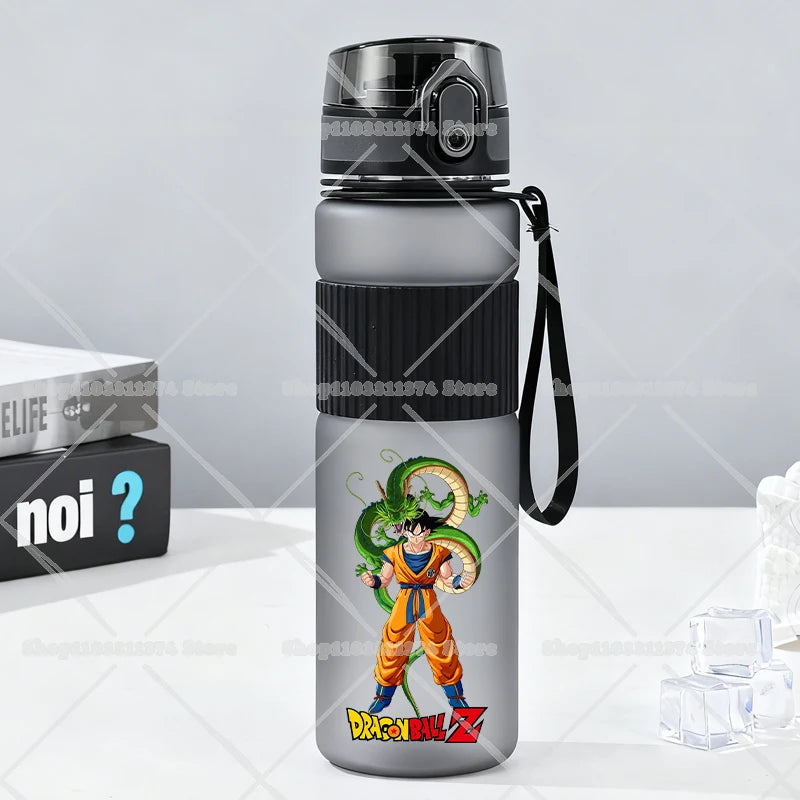 Gray water bottle with strap Dragon Ball - Goku child with Shenron