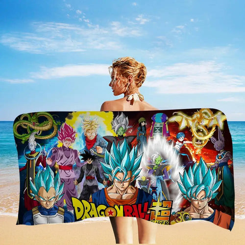 Toalla de playa Dragon Ball - Goku y Vegeta Blue en el centro de las transformaciones