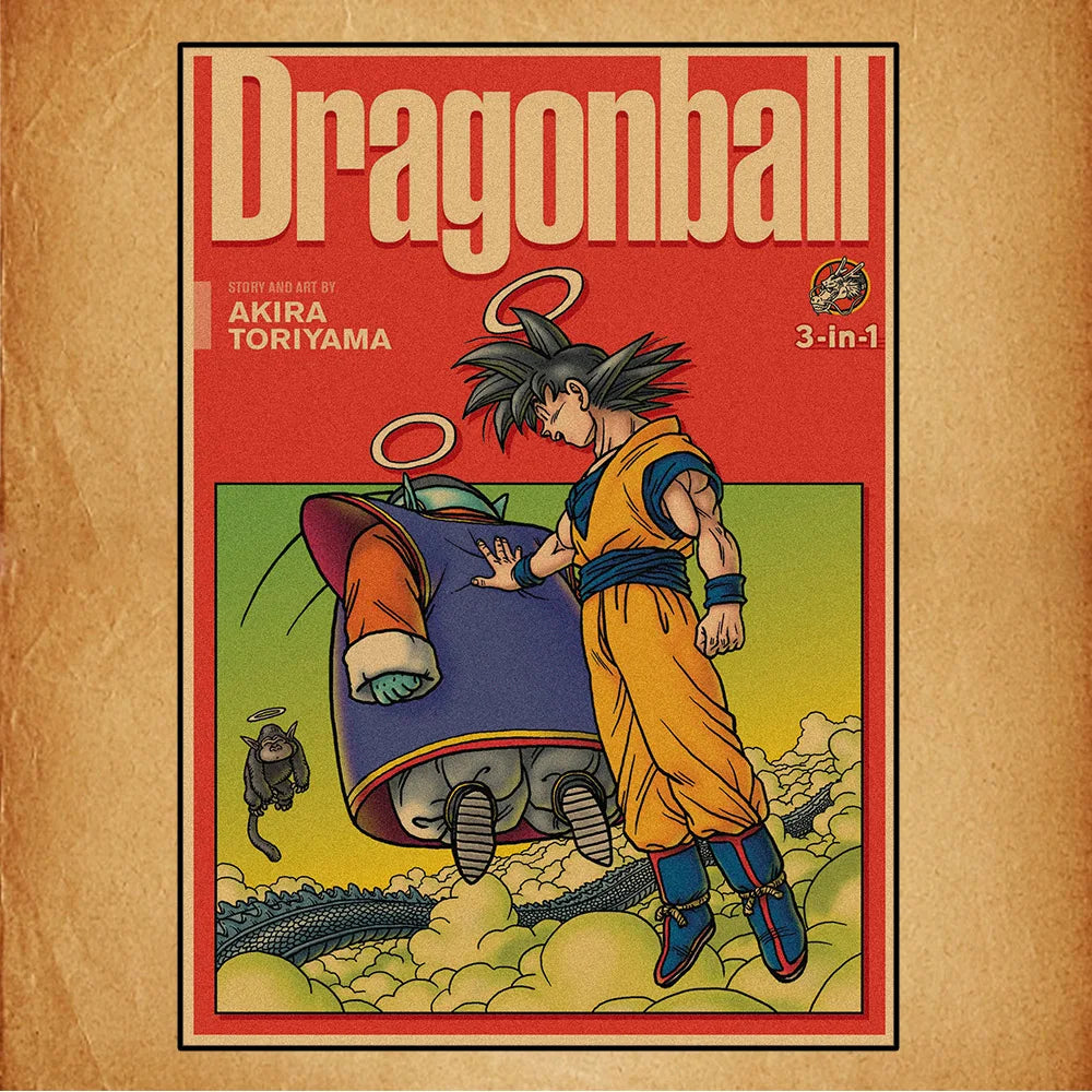 Red retro poster Dragon Ball - Goku and its purple flying car