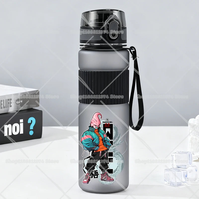 Gray water bottle with strap Dragon Ball - Goku child with Shenron