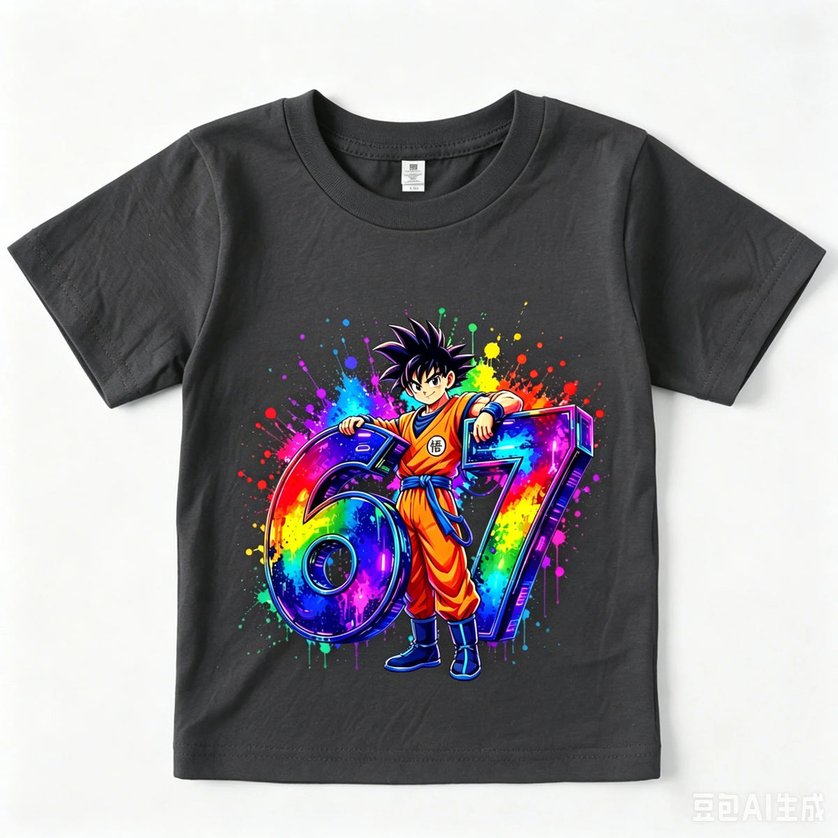 T-shirt gris foncé pour enfant Dragon Ball Goku et chiffre 67 multicolore