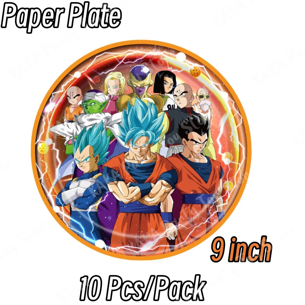 Lot de 10 assiettes anniversaire 23 cm Dragon Ball - Goku Blue et les héros