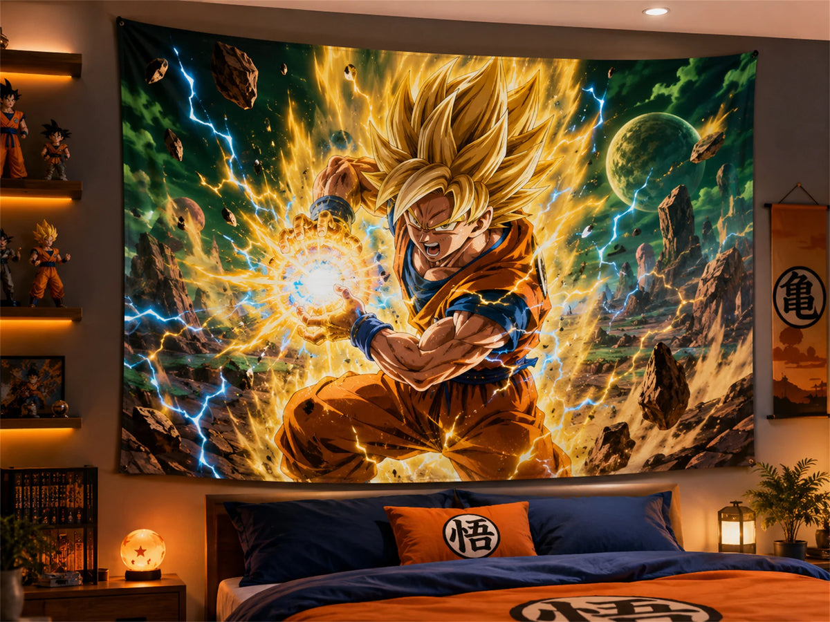Tapiz de pared Dragon Ball - Goku Super Saiyajin Kamehameha dorado