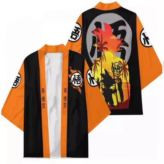 Veste kimono orange et noire Dragon Ball - Goku en silhouette et kanji Go