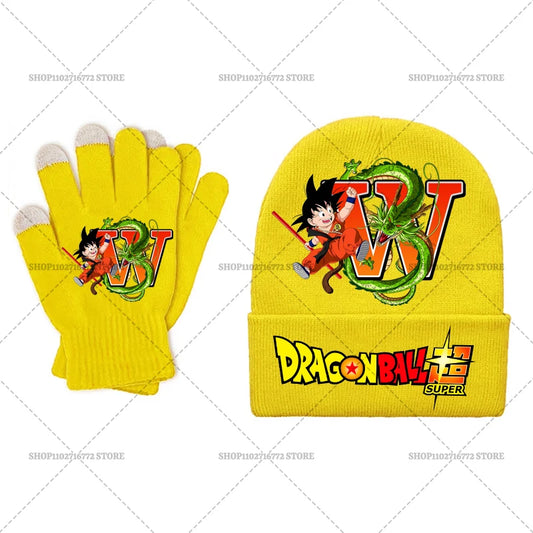 Gelber Dragon Ball Hut und Handschuhe Set für Kinder mit Goku, Shenron und dem Buchstaben W