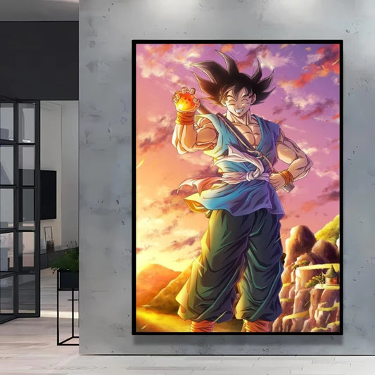 Poster sur toile Dragon Ball - Goku tenant une boule de cristal au crépuscule