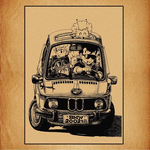 Retro Poster Dragon Ball - Goku and his friends in a black and white car