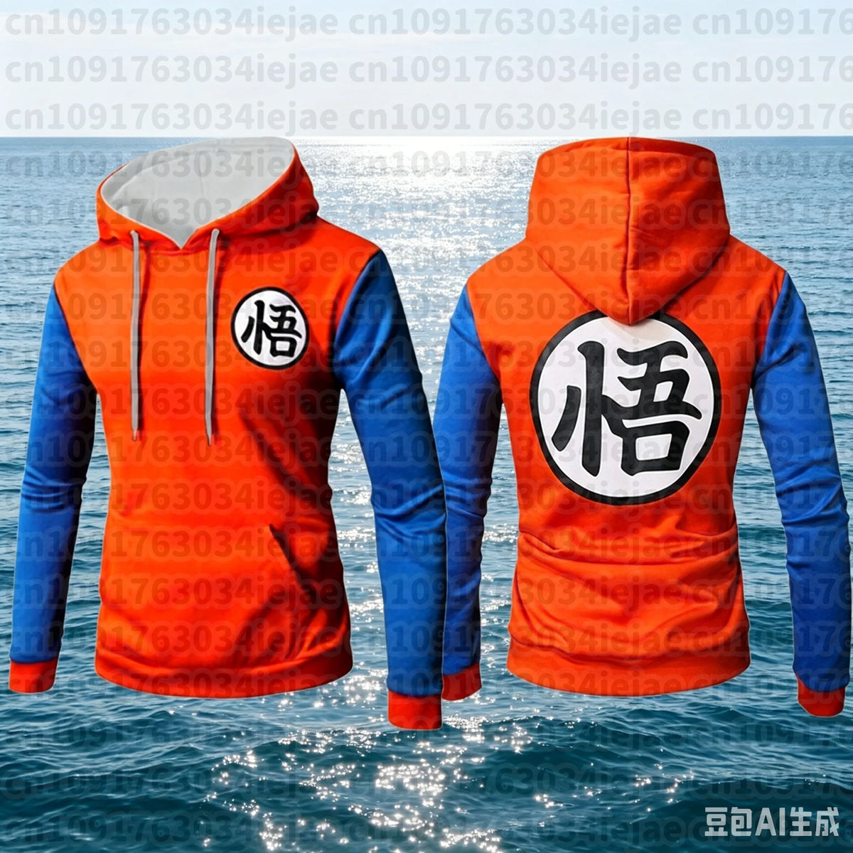 Oranje en Blauw Dragon Ball Hoodie - kanjis Ga voor en achter