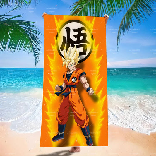 Serviette de plage orange Dragon Ball - Goku Super Saiyan et kanji Go