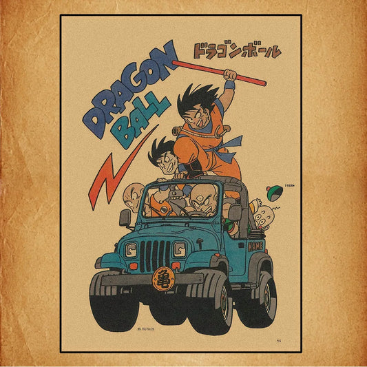 Affiche rétro Dragon Ball - Goku et ses amis en jeep bleue