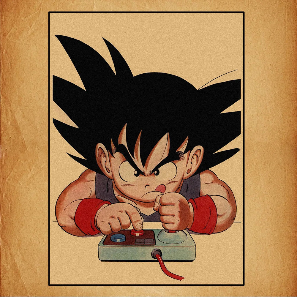 Affiche rétro Dragon Ball - Goku enfant devant sa manette de jeu