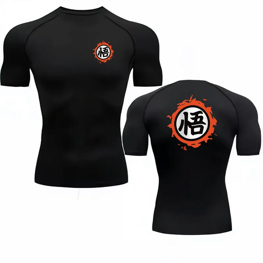 T-shirt de compression noir Dragon Ball kanji Go et cercle orange