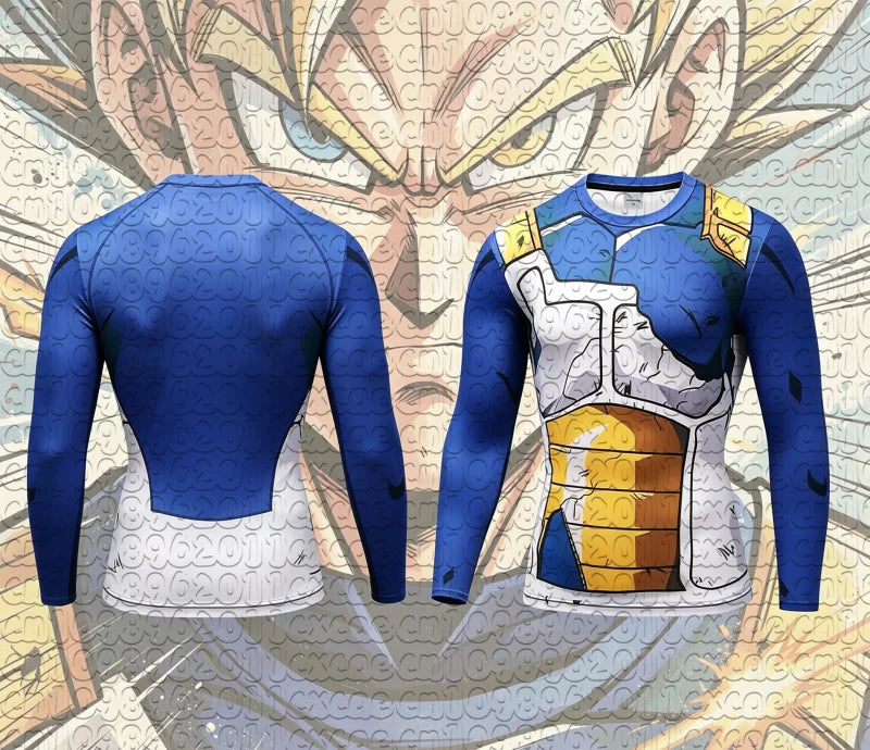 T-shirt bleu à manches longues Dragon Ball armure Saiyan blanche et or