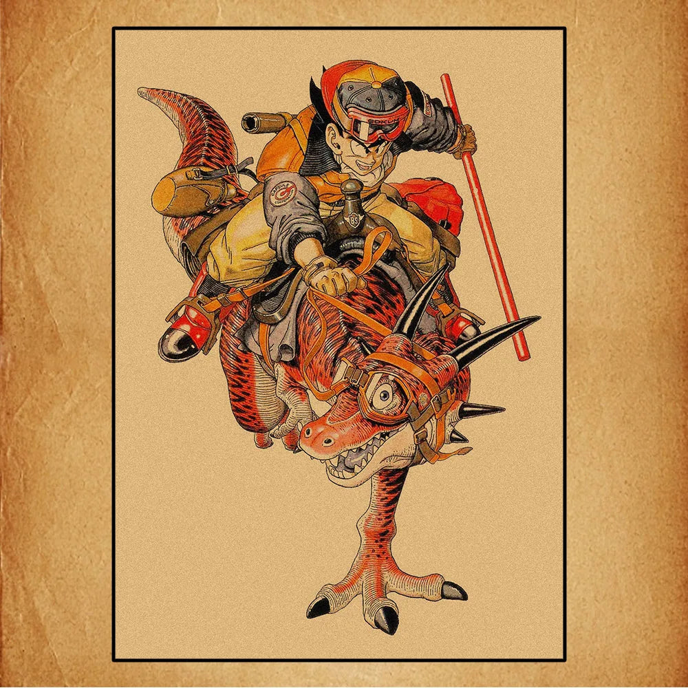 Retro Poster Dragon Ball - Goku mit Dinosaurier zurück
