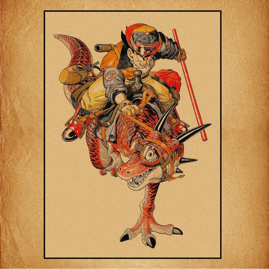 Affiche rétro Dragon Ball - Goku à dos de dinosaure