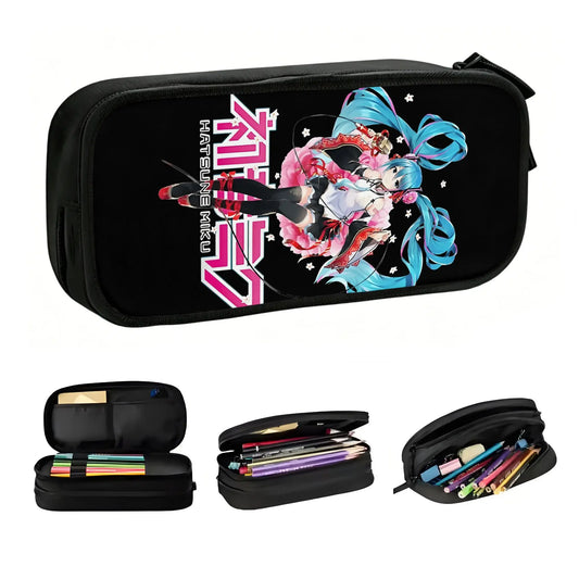Trousse noire Vocaloid - Hatsune Miku avec fleurs et logo rose