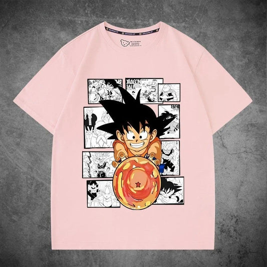 T-shirt rose pour enfant Dragon Ball Goku enfant tenant une boule de cristal