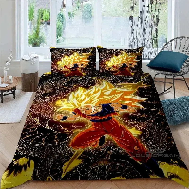 Copripiumino nero e oro Dragon Ball - Goku Super Saiyan e Shenron