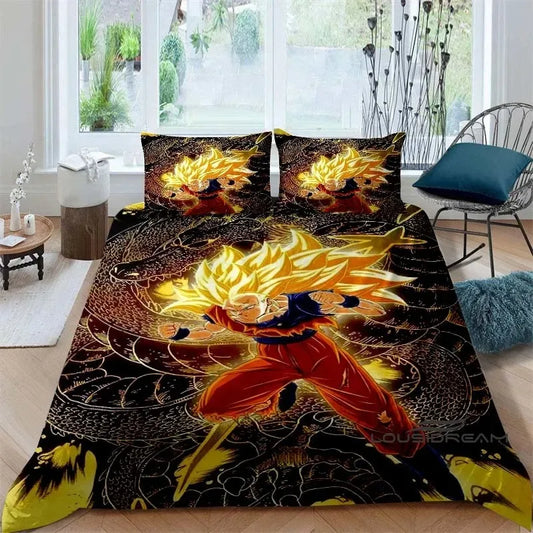 Copripiumino nero e oro Dragon Ball - Goku Super Saiyan e Shenron