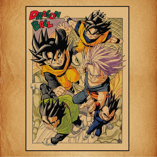 Affiche rétro Dragon Ball - Goku Trunks et Vegeta en collage manga