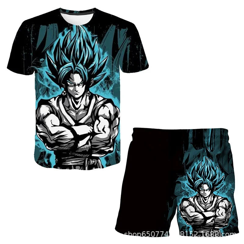T-shirt set en zwarte short Dragon Ball - Goku Blue met gekruiste armen