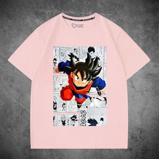 T-shirt rose pour enfant Dragon Ball Goku enfant en plein saut sur cases de manga