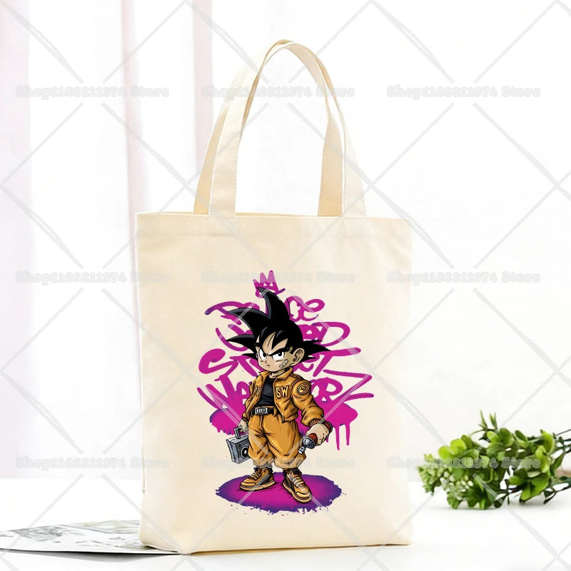 Borsa tote beige Dragon Ball - Goku e scritta verticale