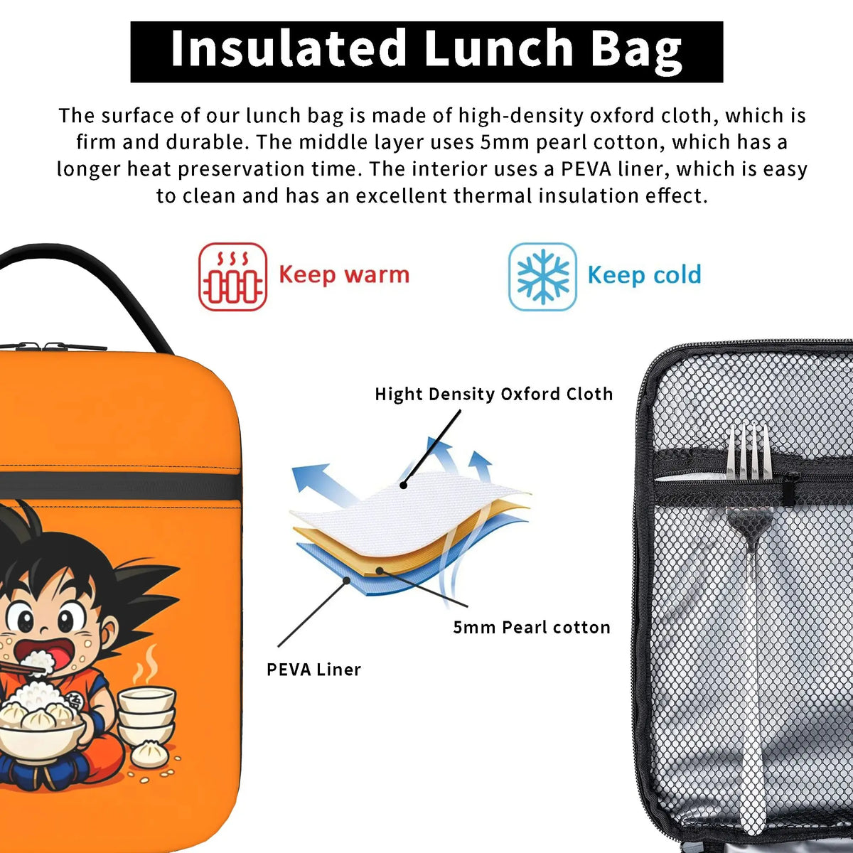 Bolsa de almuerzo naranja Dragon Ball - Goku de niño comiendo un tazón de arroz