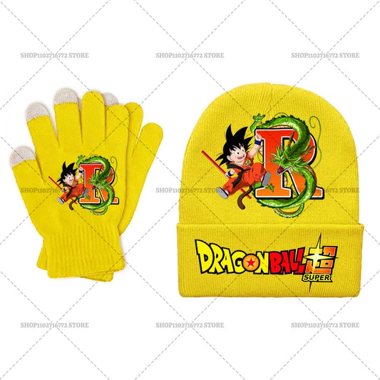 Gelber Dragon Ball Hut und Handschuhe Set für Kinder mit Goku, Shenron und dem Buchstaben R