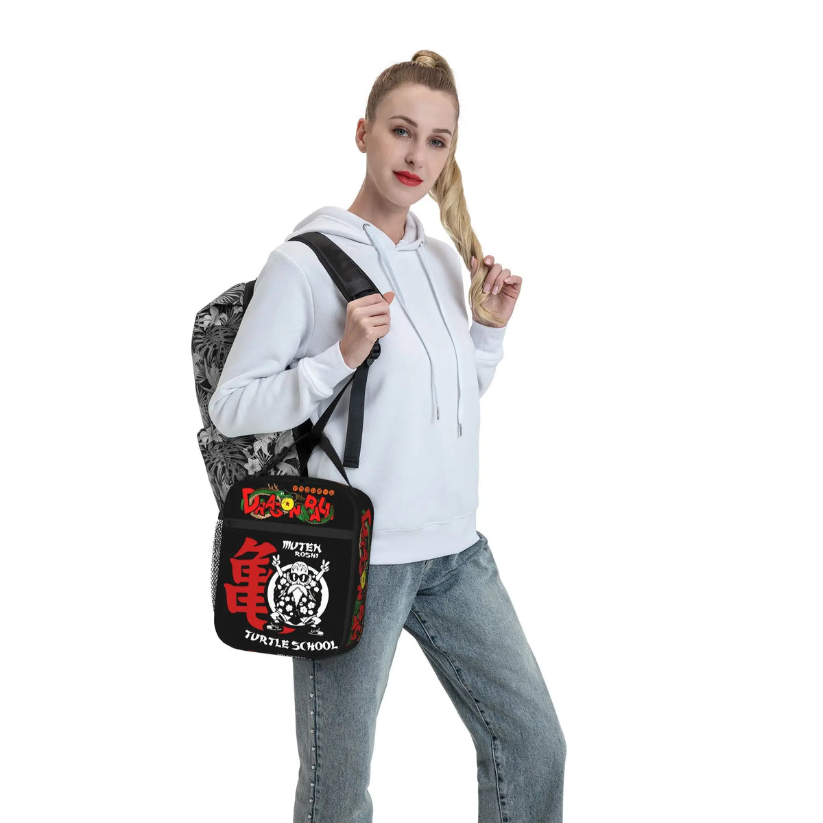 Bolsa de almuerzo negra Dragon Ball - escuela de la Tortuga y kanji Kame rojo