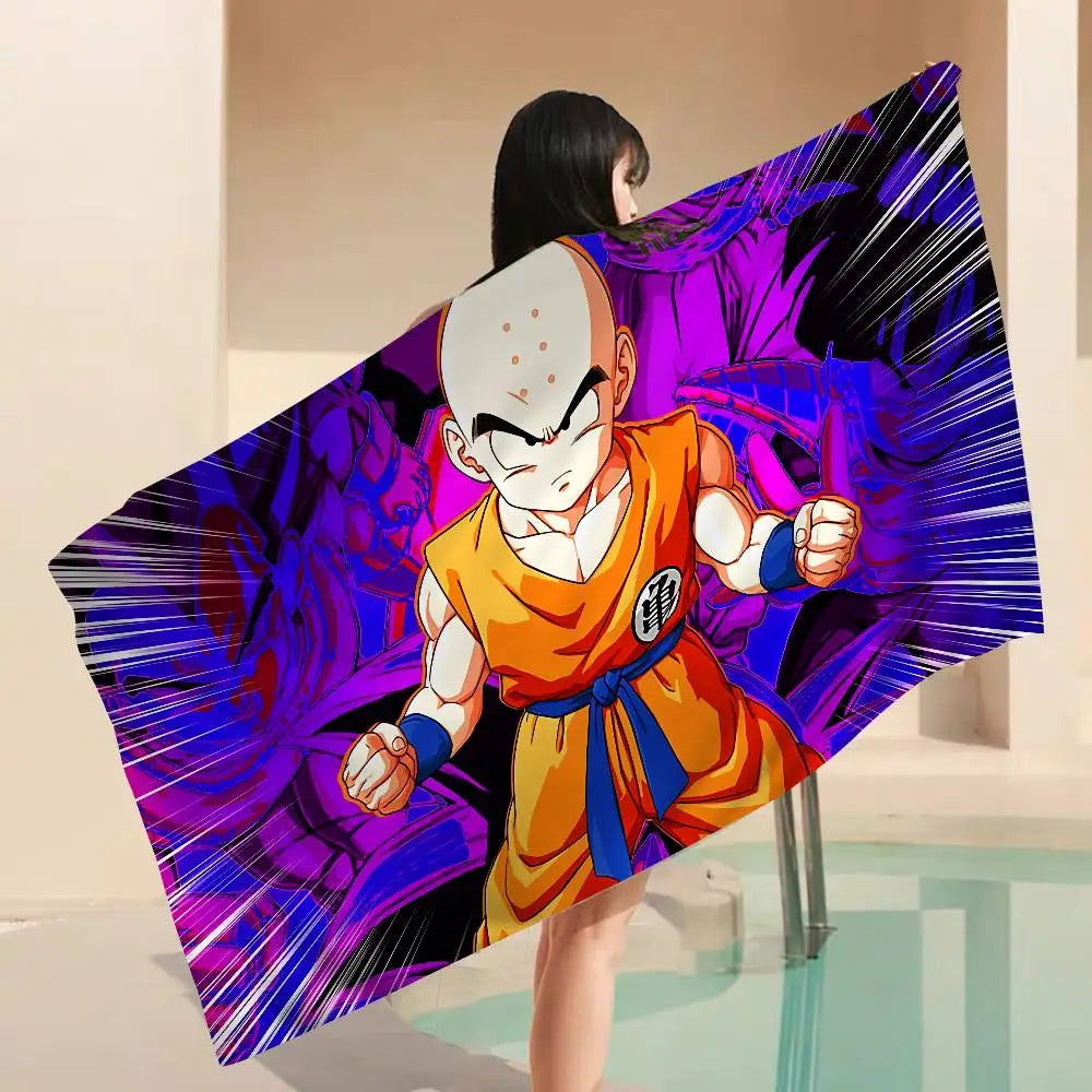 Serviette de plage bleue Dragon Ball - Goku et ses amis sur Shenron