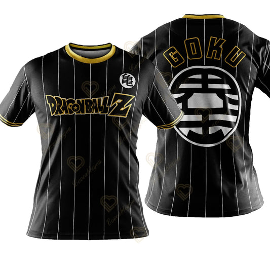 T-shirt de sport noir à rayures Dragon Ball Goku et emblème du roi Kaio