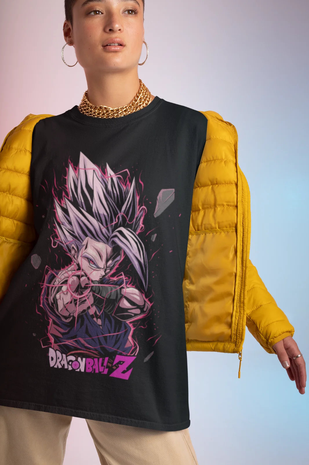 T-shirt noir Dragon Ball Black Goku Rosé et inscription rose