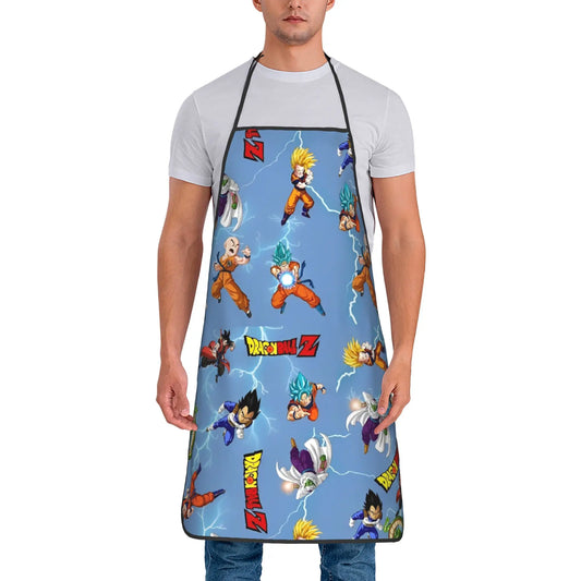 Dragon Ball blue apron - chibi warriors in repeated patterns
