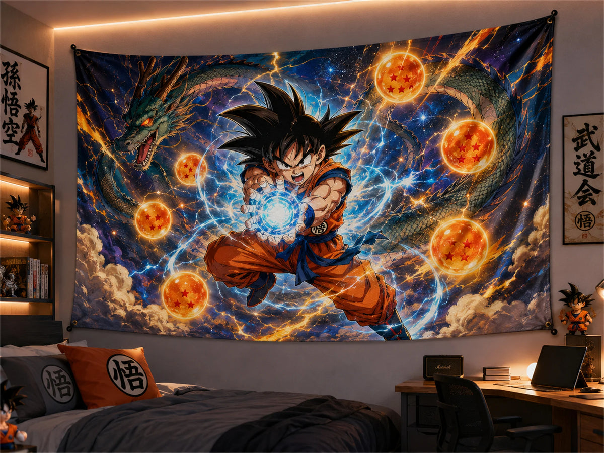 Tapiz de pared Dragon Ball - Goku Super Saiyajin Kamehameha dorado