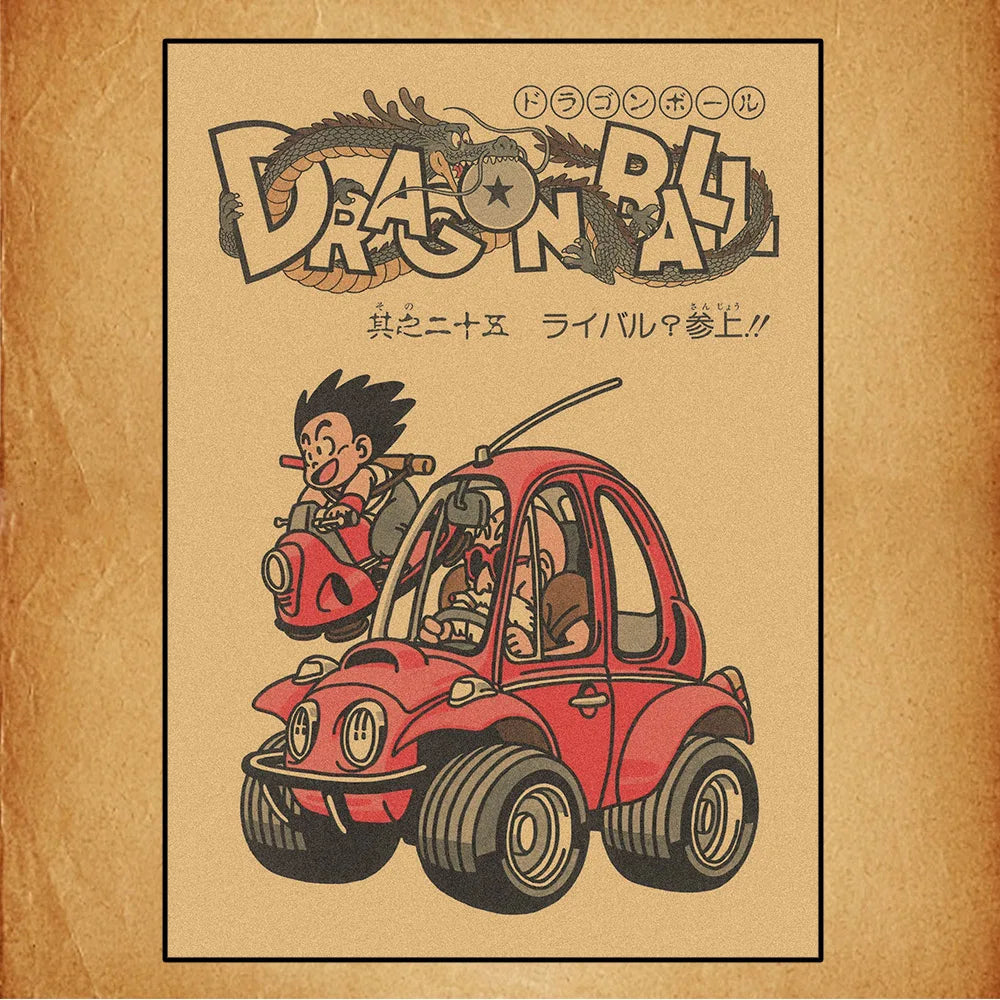 Retro Poster Dragon Ball - Goku und Bulma in ihrem kleinen roten Auto