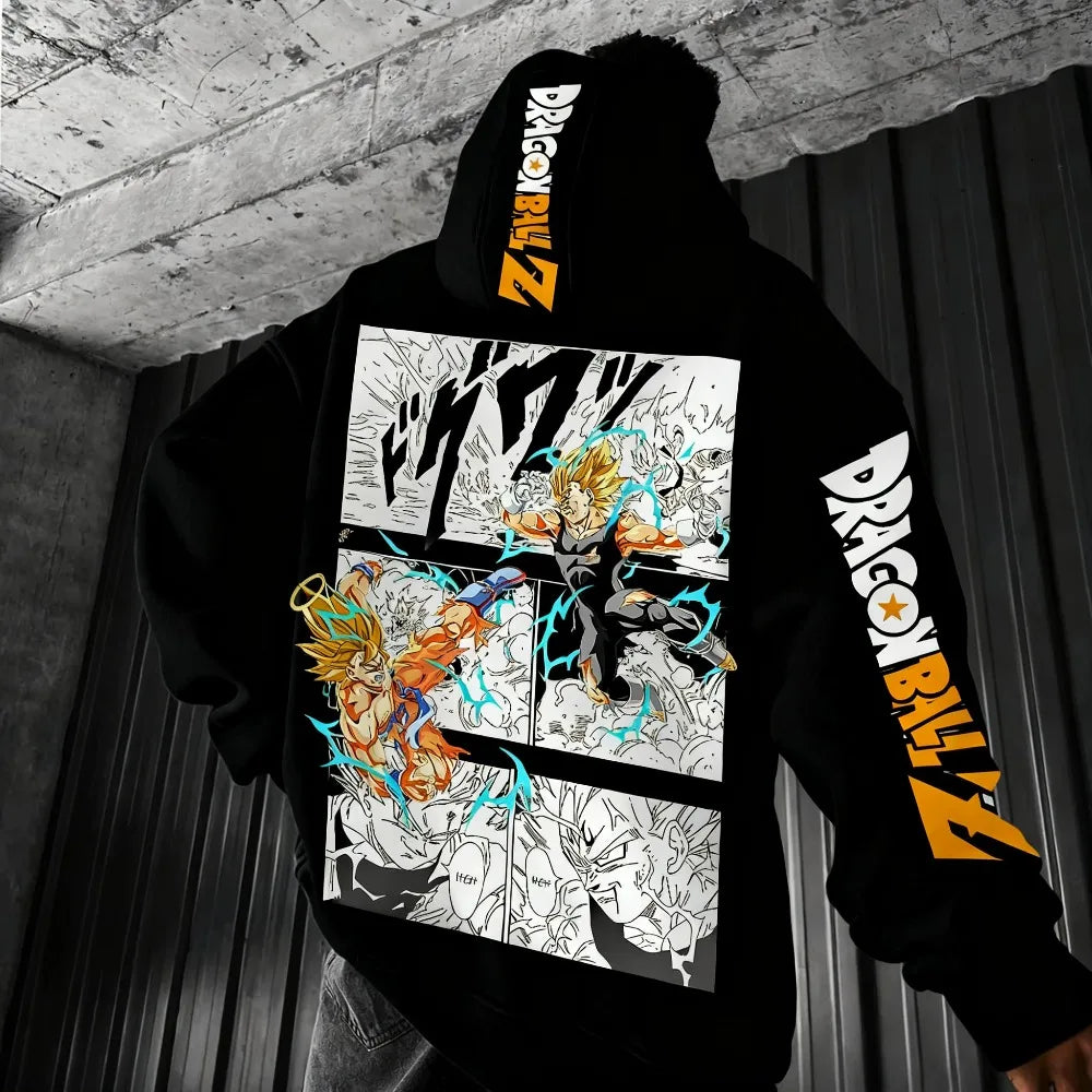 Sweat à capuche noir Dragon Ball - Goku contre Majin Vegeta sur cases blanches